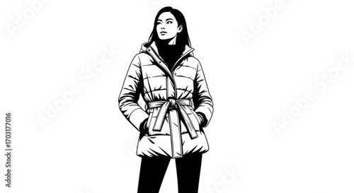 Elegant woman in winter outfit, black and white vector illustration