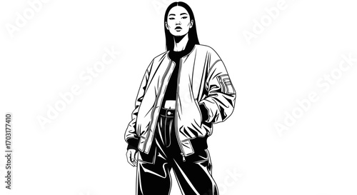 Monochrome graphic illustration featuring a confident young woman posing