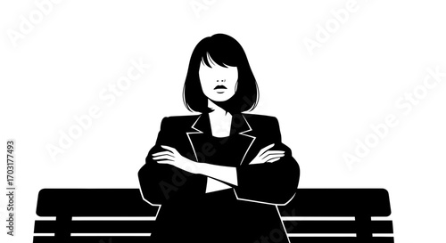 Monochrome portrait of a confident woman in a suit sitting on a bench
