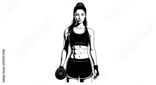 Monochrome portrayal of determined female athlete lifting dumbbell