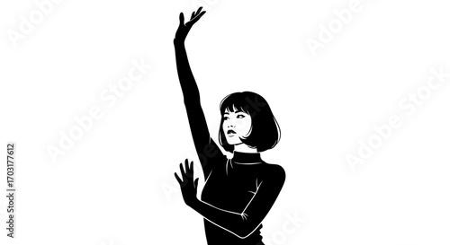 Monochrome woman silhouette with raised arm in expressive gesture
