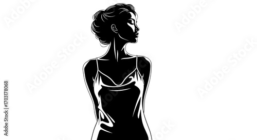 Silhouette portrait of a glamorous woman in a black slip dress