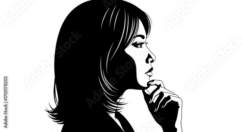 Striking monochrome portrait of a reflective woman with thoughtful expression