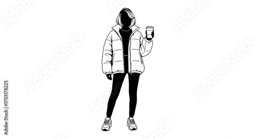 Stylish figure in puffer jacket holding coffee cup simple monochrome art