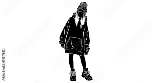 Stylized silhouette of a woman in oversized hoodie and beanie hat fashion