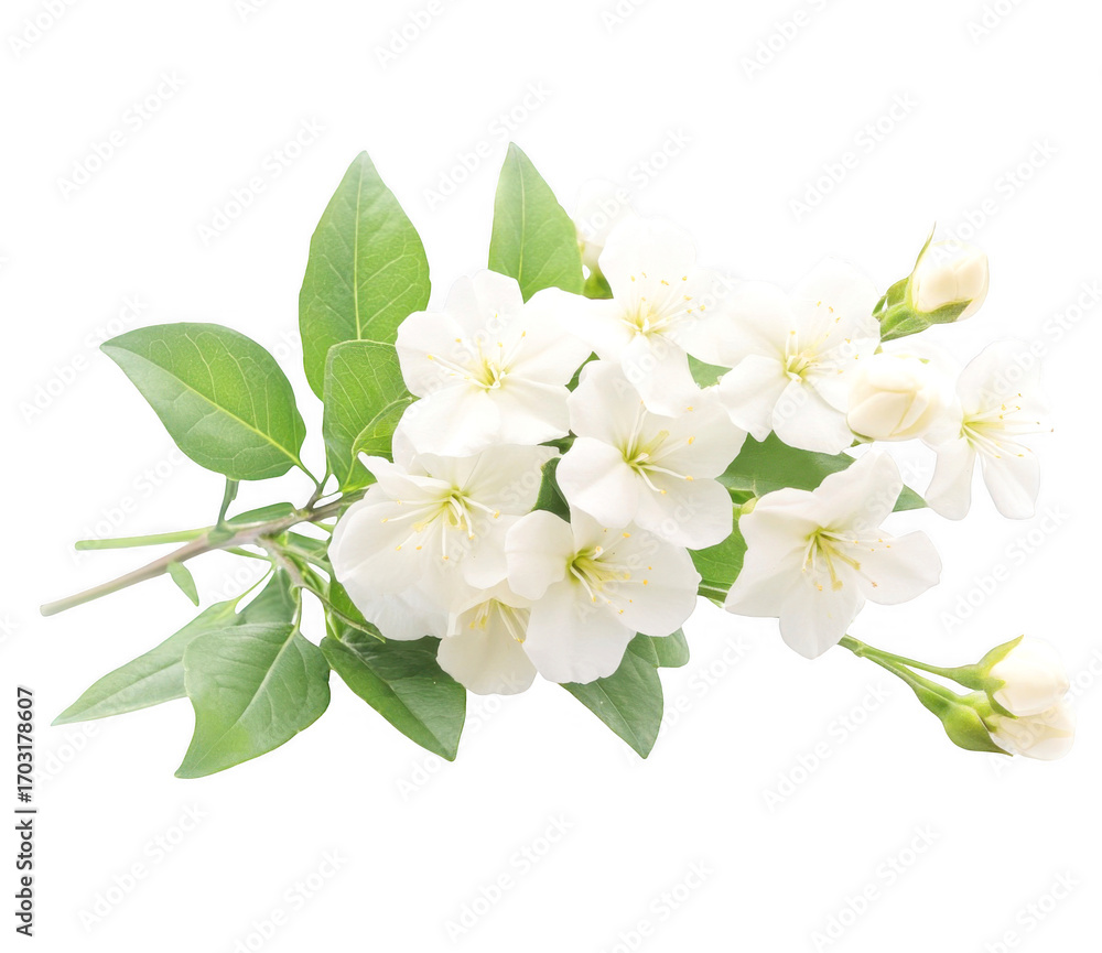 Fototapeta premium Beautiful flowering branch holds white blossoms with green leaves 