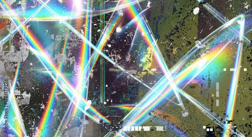 Abstract geometric patterns with vibrant rainbow light refractions and textured background.