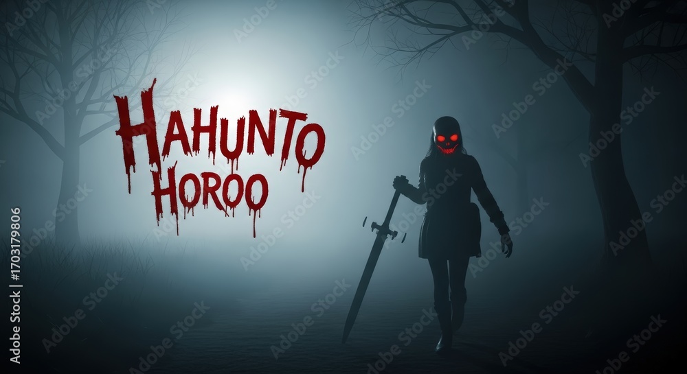 Obraz premium A dark and foggy forest scene with a mysterious figure holding a sword and glowing red eyes, with the title 