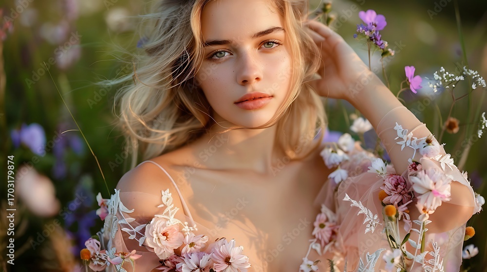 Fototapeta premium Young Woman with Floral Dress Posing in a Field of Wildflowers at Sunset