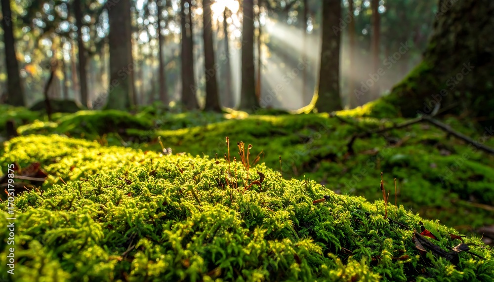 Fototapeta premium Lush moss carpet bathed in sunlight