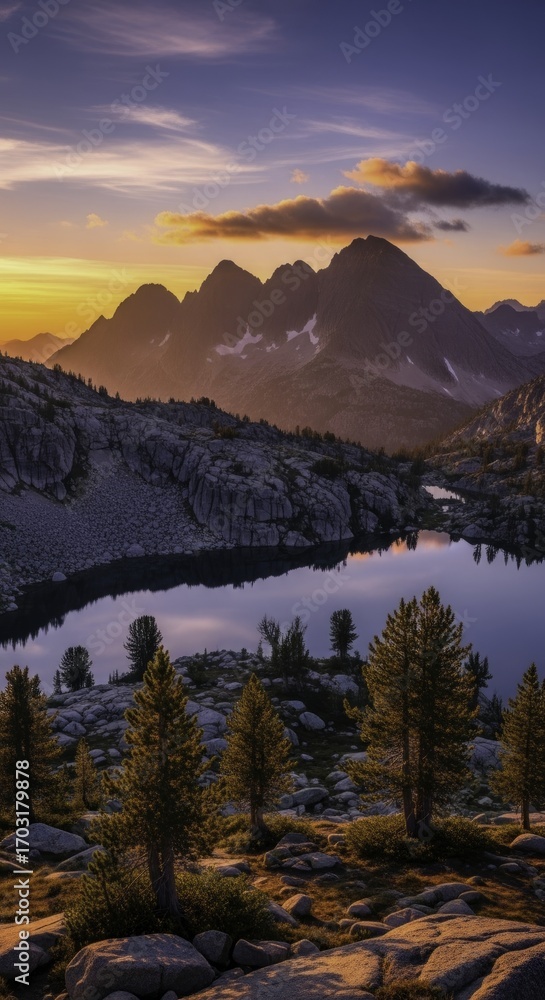 Fototapeta premium Majestic Mountain Lake at Sunset with Golden Alpenglow and Vibrant Sky Reflections