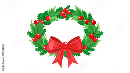 Download christmas wreath with holly berries and red bow for holiday decoration vector