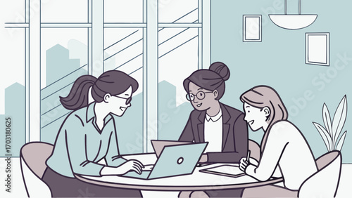 Illustration of business women working together in office meeting collaboration teamwork