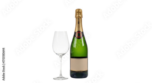 Champagne bottle with empty glass for celebration isolated PNG with Transparent Background