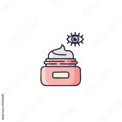 This vibrant flat design illustration features a pink jar of rich eye cream, representing modern cosmetic solutions for delicate under-eye skin.
