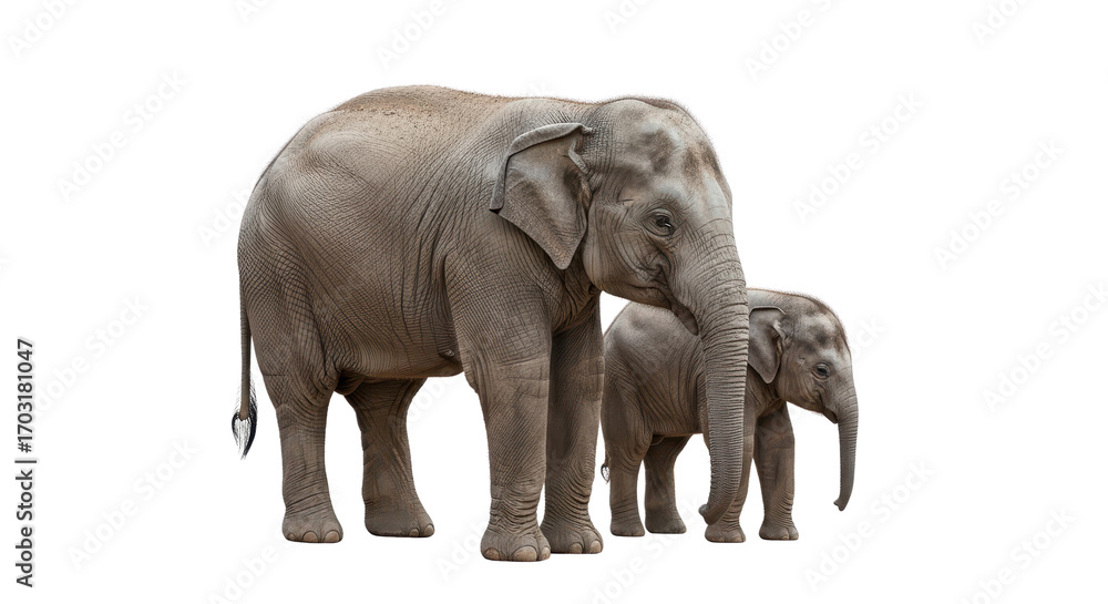 Fototapeta premium Majestic Asian elephant with young calf, mother and baby elephant isolated on white background, wild safari animals PNG with transparent background