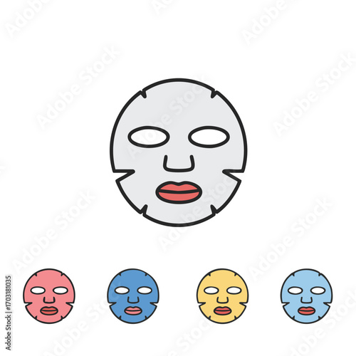 A collection of colorful sheet mask icons representing various skincare treatments and beauty routines for a refreshed complexion.