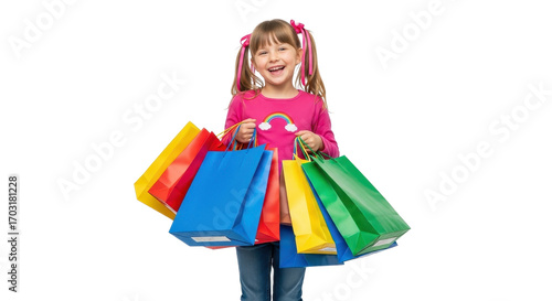 Excited girl holding many shopping bags isolated PNG with Transparent Background