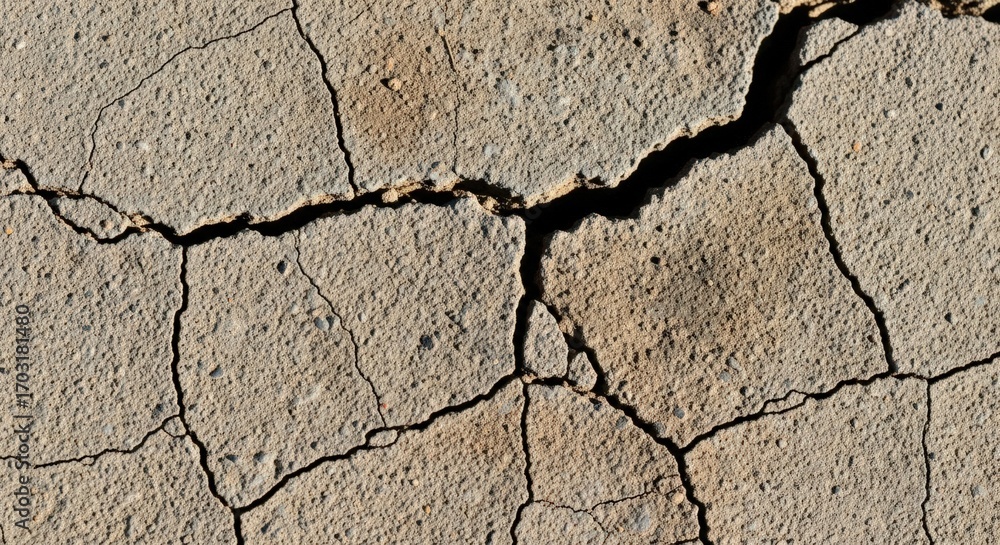 Fototapeta premium Close-up view of dry, cracked earth, showing intricate patterns formed by desiccation.