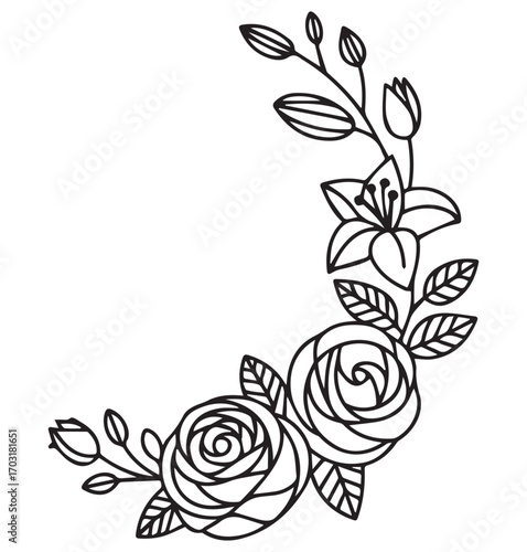 Black Silhouette Floral Corner Design with Roses and Lily