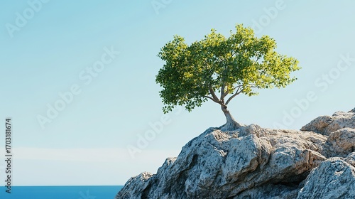 Tree growing from the edge of a rocky cliff with clear blue skies and sunlight streaming in  png