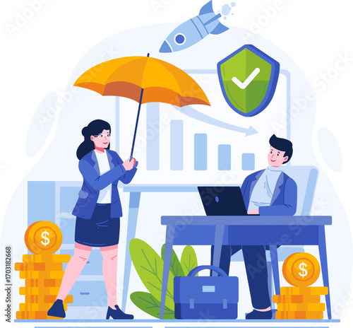 Insurance illustration pack in modern flat style. Includes health, car, home, travel, life, and financial protection concepts. Perfect for websites, apps, presentations, infographics, and corporate pr