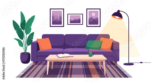 Cozy Living Room Scene with Purple Sofa and Floor Lamp.