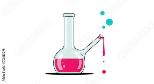 Chemistry flask with pink liquid and bubbles.