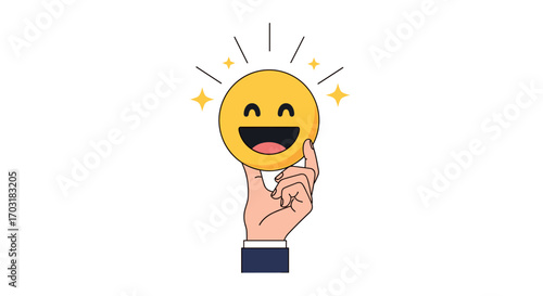 Hand holding a happy emoji with sparkles and rays.