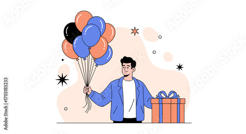 Man Holding Balloons and Gift Box.