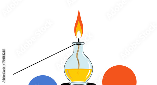 Laboratory spirit lamp with flame and colored circles.