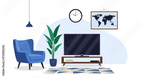 Living room interior with armchair television and world map.