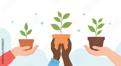 Hands holding potted plants symbolizing growth and diversity.