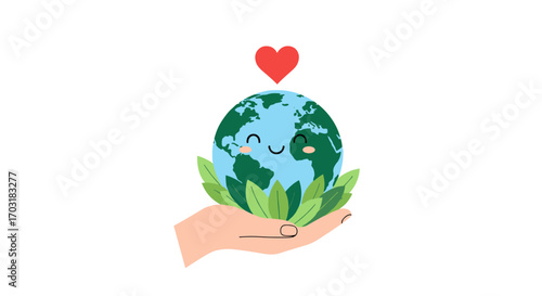 Cute Earth with Heart Held in Hand Surrounded by Leaves.