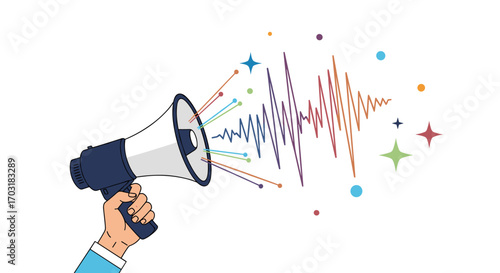 Hand holding megaphone broadcasting sound waves and colorful stars.