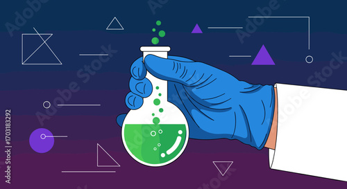 Scientist Holding Flask with Green Liquid Bubbling.