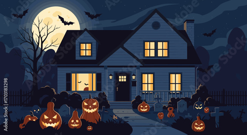 Spooky Halloween House with Jack O Lanterns and Full Moon.
