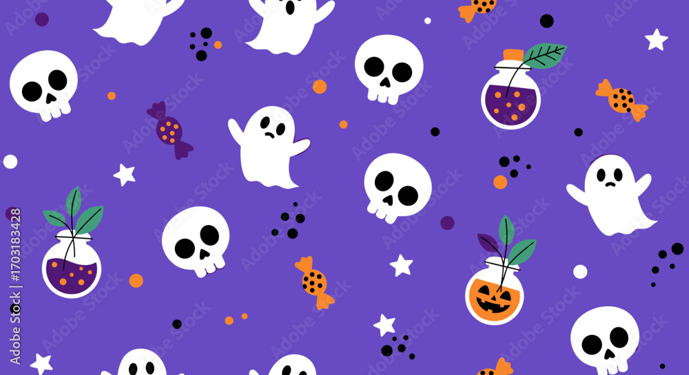Obraz premium Halloween Pattern with Ghosts Skulls and Potions.