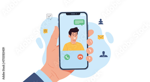 Hand holding smartphone showing incoming video call from man.