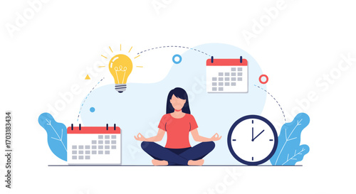 Woman Meditating Surrounded by Time Management Symbols and Ideas.