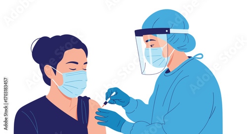 Healthcare worker administers vaccine to patient wearing mask.