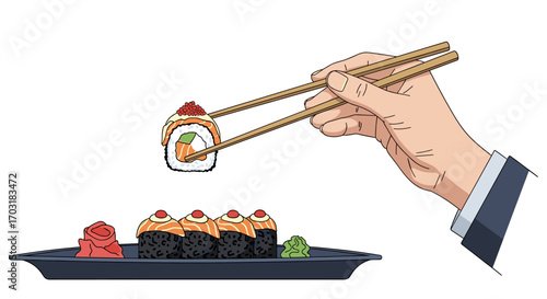Hand holding sushi roll with chopsticks over plate.