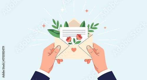 Hands holding an open envelope with flowers and a letter inside.