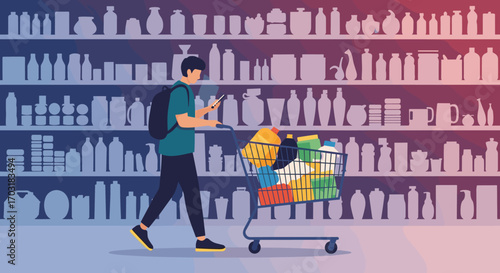 Young man pushing shopping cart in supermarket aisle with shelves full of products.