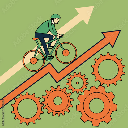 Cyclist pedaling on an upward trending arrow supported by gears as a metaphor for teamwork leading to success, Business growth supported by teamwork symbolized in illustration