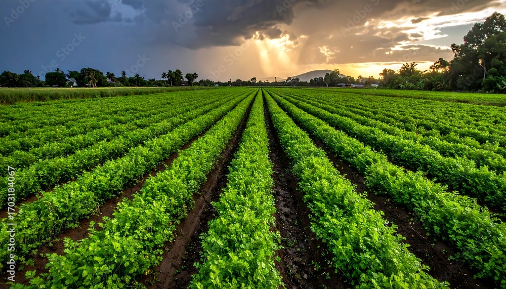 Obraz premium Sun Rays Break Through Storm Clouds Over a Fertile Farm Field.