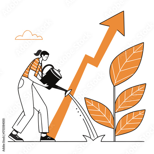Person watering plants by upward-pointing arrow representing growth and investment success, Investment growth concept with a person nurturing a plant representing returns