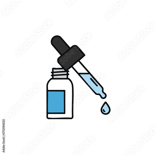 A simple, hand-drawn illustration depicts a glass dropper carefully dispensing a single blue liquid drop from an open bottle, symbolizing precision in science and medicine.