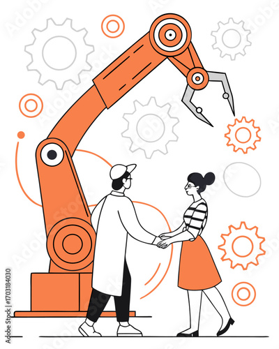 The human and the machine unite in a handshake, Representing the future of work and cooperation, Industrial automation: Person, robot arm, gears in modern technological age