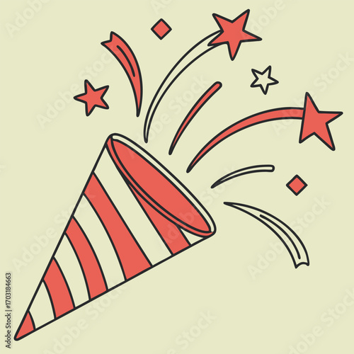 Party popper with confetti and stars celebrating an event.